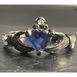 Celtic Claddagh Rhinestone Ring Size 6.75 Blue Gunmetal Grey Tone Heart Hand
